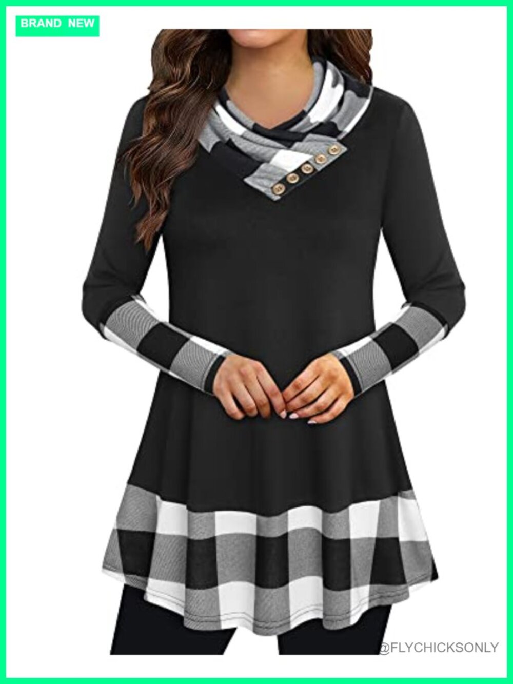 Cowl Neck Tunic Top Long Sleeve Plaid A-Line Flowy Loose Fit Blouse